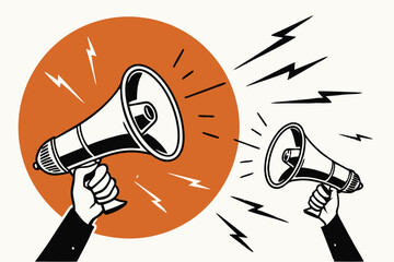 Megaphones, hands holding loudspeakers, orange circle background, black and white contrast, lightning bolts, scratched texture, dramatic announcement, activism concept, powerful communication, graphic
