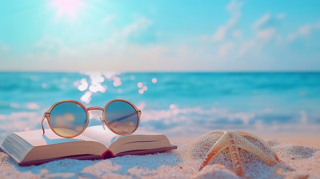Relaxing beach scene with an open book and sunglasses on a sandy surface. Soft colors, studio lighting, and realistic details make this perfect for summer vacation concepts.