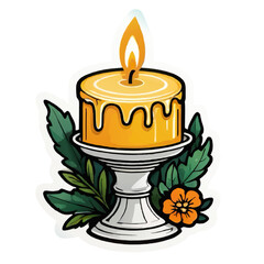 burning beeswax candle with decoration leaves vector ornament sticker