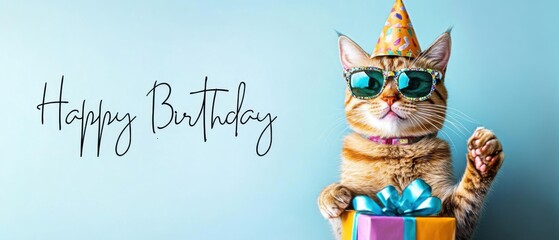 Happy Birthday Cat Wearing Sunglasses and Party Hat with Gift