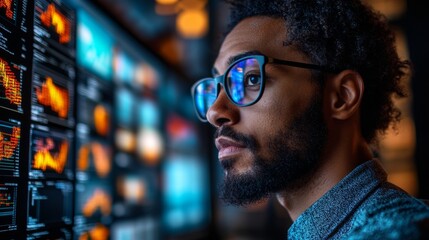 Focused Professional Analyzing Data on Multiple Screens in a Modern Workspace