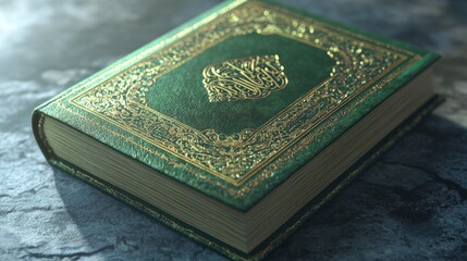 Fototapeta premium Ornate green quran with gold embellishments on stone surface