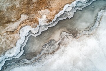Unique patterns of salt flats create mesmerizing formations in a stunning aerial view at sunset