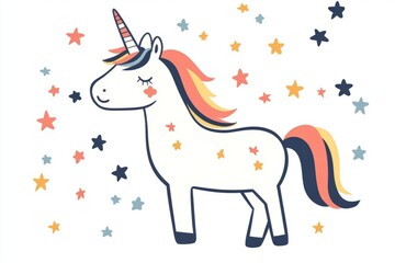 Colorful unicorn illustration with stars and rainbow mane