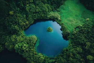 Fototapeta premium Lush green landscape surrounds a tranquil lake reflecting nature's serene beauty in a remote paradise