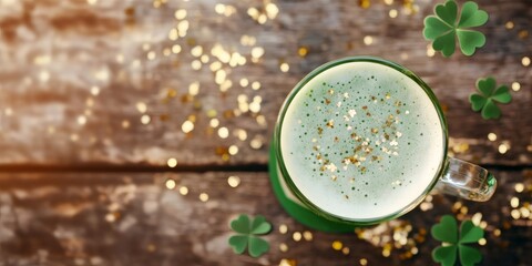 st patricks day celebration, green beer in a pint glass, placed on a rustic table with shamrock coasters and gold confetti, creating a festive setting