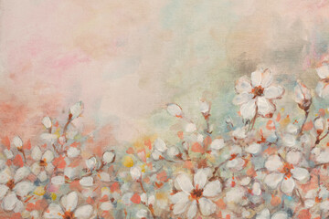 Art oil, Acrylic, pastel smear flower meadow blot hand drawn painting landscape . Abstract smoke canvas texture color stain brush stroke background.