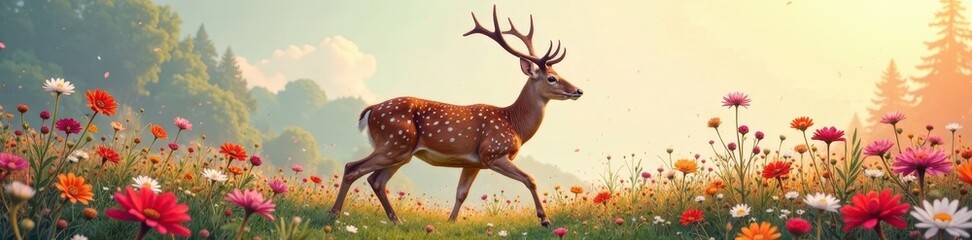 Obraz premium Elegant deer in full stride, vibrant floral backdrop , swift, monochrome
