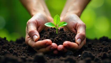 Caressing hands protect fragile new plant life emerging from dark earth against lush green , nurturing, closeup