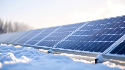 Snow-covered solar panels in winter sunlight