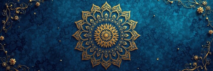Naklejka premium Deep blue background, intricate gold mandala, subtle abstract shapes, wedding card, wedding