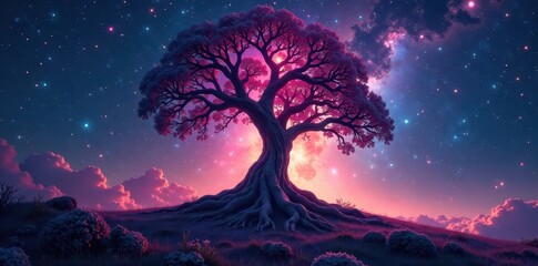 Cosmic tree roots entwine galaxies, vibrant nebulae bloom , cosmos, pattern