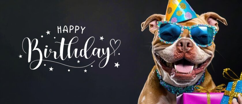 Happy Birthday Dog Wearing Party Hat and Sunglasses with Gift