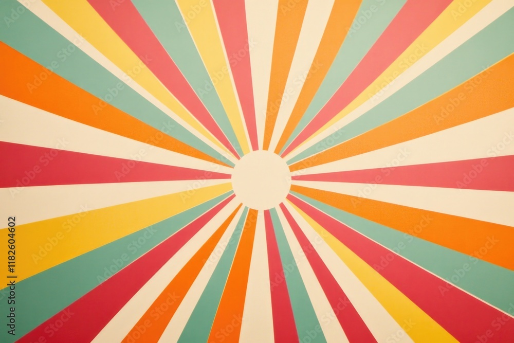 Poster a bright and vibrant image with a large sunburst pattern in the center, surrounded by a warm orange-