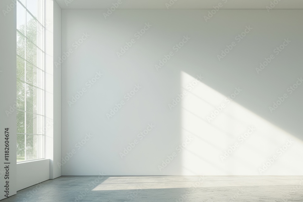 Aufkleber A 3D rendering of a large white wall with a window on the left side, soft light and shadows creating a bright, clean, and empty space for text or product display. Perfect for product mockups
