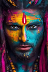 Fototapeta premium Vibrant colorful paint on young male with intense gaze