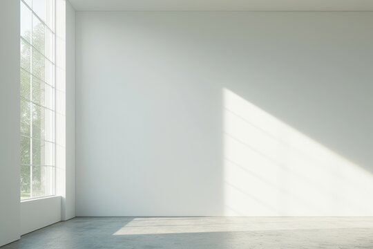A 3D rendering of a large white wall with a window on the left side, soft light and shadows creating a bright, clean, and empty space for text or product display. Perfect for product mockups