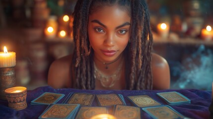 Mysterious African-American woman with locs performing a tarot reading in candlelit ambiance, surrounded by mystical decor, ideal for spiritual blogs, Halloween content, or esoteric themes