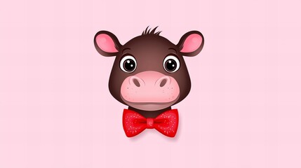 Adorable cartoon hippo wearing a red bow tie against a soft pink background.