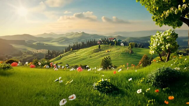 Vibrant Countryside Landscape with Rolling Hills Trees and Clouds in Summer Sky