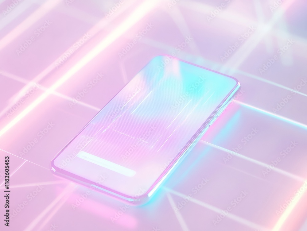 Poster pastel-themed abstract digital workspace with smartphone mockup and geometric patterns