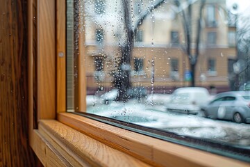 Rainy winter day through a wooden window with snowy urban street view