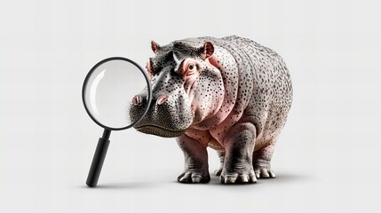 A curious hippopotamus is examined closely with a magnifying glass against a stark white background.