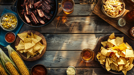 Rustical BBQ Table with steak, nachos, corn-on-the-cob, drinks and dips. American dining concept with copy space. 