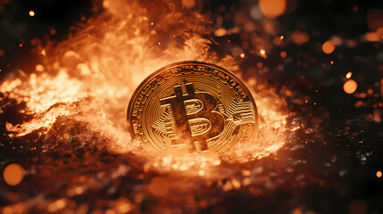 A bitcoin coin surrounded by flames, symbolizing volatility and the intense nature of cryptocurrency markets. Velvetlight. Illustration