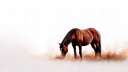 Obraz premium A majestic brown horse grazes peacefully in a field of tall grass, bathed in soft, diffused light. Serene and captivating.