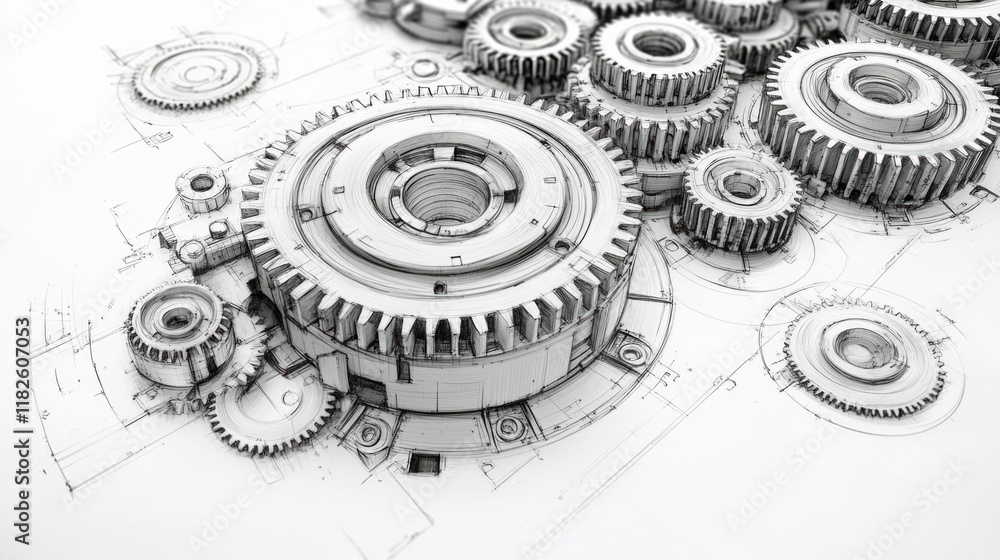 Poster a collection of gears arranged on top of an architectural blueprint, suitable for use in illustratio