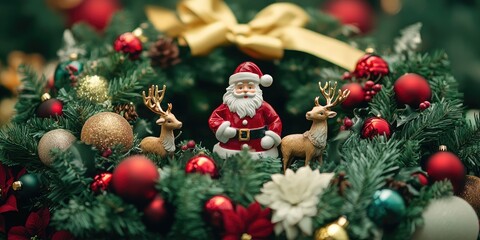 Fototapeta premium Christmas wreath with figurines of reindeer and festive decorations perfect for holiday decor