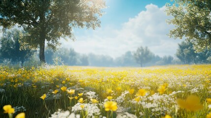 Golden wildflower field under clear blue sky with sunlit trees