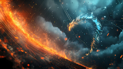 A declining line graph transforming into a tornado, symbolizing market volatility and chaos. Velvetlight. Illustration
