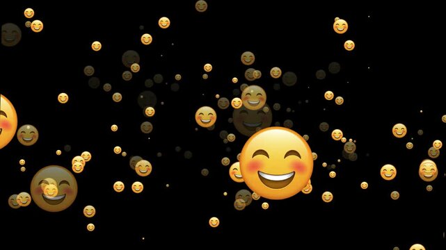 Minimalistic flying smiley face with smiling eyes on black background,