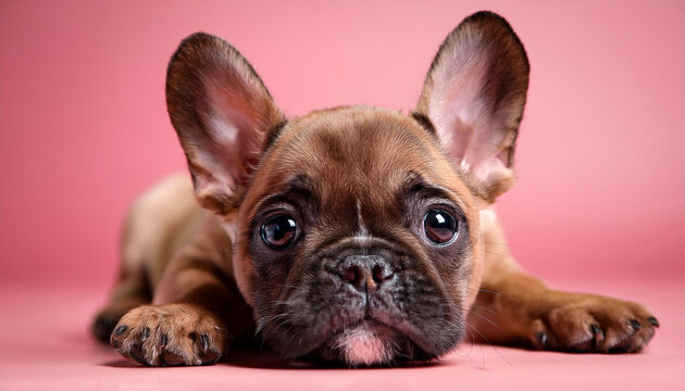 lovely french bulldog puppy mendacity down looking up with massive eyes on a smooth pink history best for puppy enthusiasts