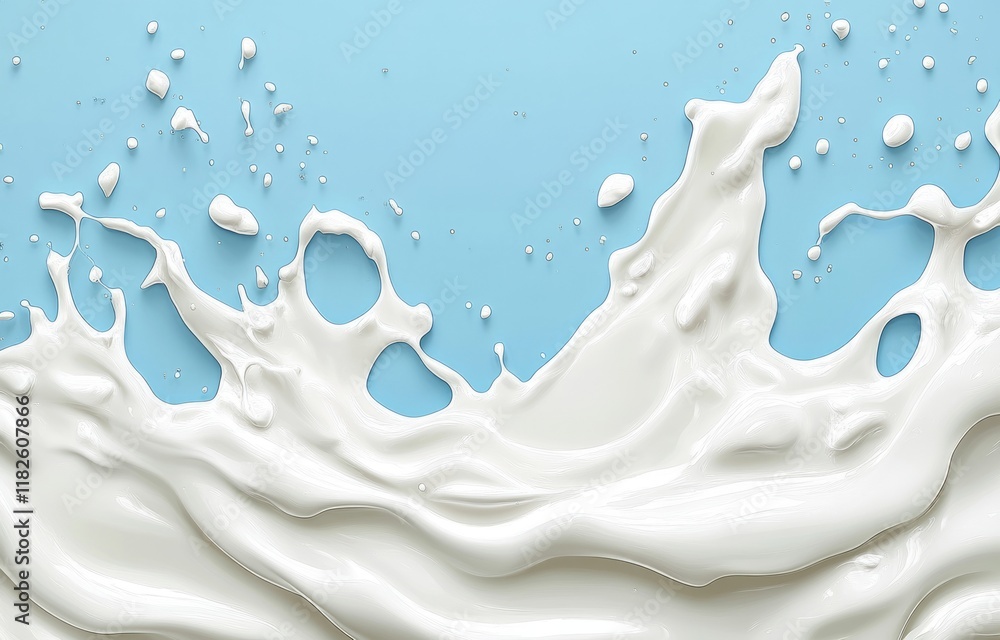 Poster splashing milk against blue backdrop with dynamic waves and droplets