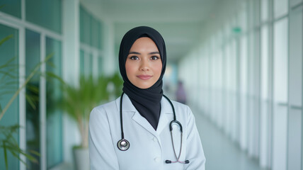 Female physician in hijab standing in hospital corridor. Diversity and professionalism in healthcare. Female doctor in hijab with stethoscope.   