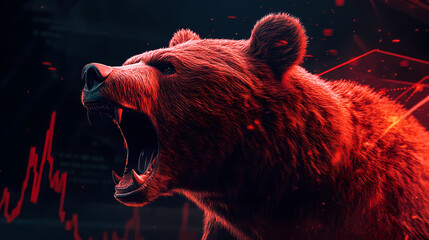 A fierce bear roaring amidst a dynamic stock market chart, symbolizing market volatility and strength in trading. Velvetlight. Illustration