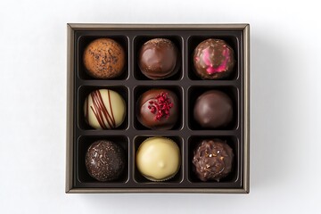 Top view of a box with colorful and shiny chocolate pralines in different shapes and fillings. The box is placed on a white background, in a flat lay arrangement.