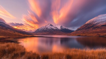 Fototapeta premium Vibrant sunset over a serene mountain lake, reflecting the fiery sky and snow-capped peaks.