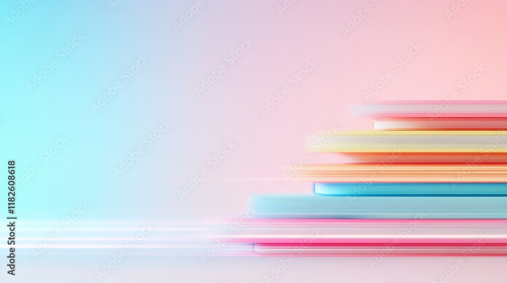 Poster abstract pastel bookshelves with surreal geometric patterns and light streaks