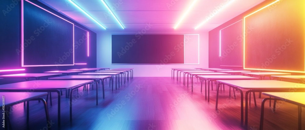 Poster innovative classroom with neon abstract lighting and floating chalkboards