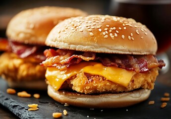 Mouthwatering chicken burgers with bacon and cheese on buns, on a restaurant table close up. Goblet shot. Food concept, raw style.