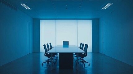 Modern minimalist conference room with blue lighting and sleek furniture design