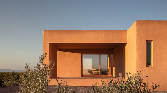 authentic adobe pueblo dwelling at golden hour, desert landscape backdrop