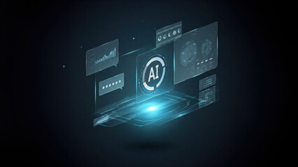 Futuristic computer with AI agents projecting a holographic interface