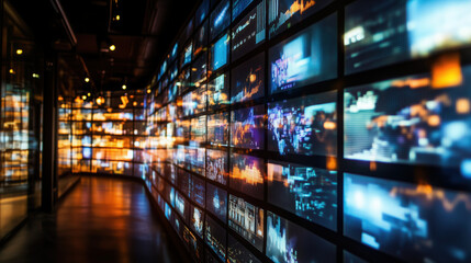 Obraz premium A Corner Wall Full of Blurred Screens Displaying Trading Charts and Lights, Creating a Dynamic Financial Environment