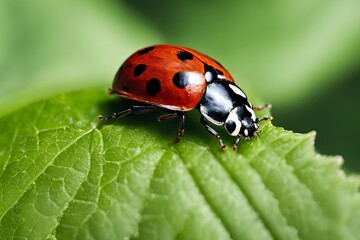 Obraz premium Ladybug walking on a green leaf