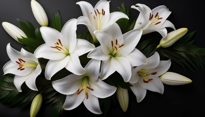 top view of a white lily bouquet on a black background with available copy space image